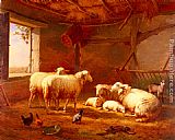 Famous Chickens Paintings - Sheep With Chickens And A Goat In A Barn